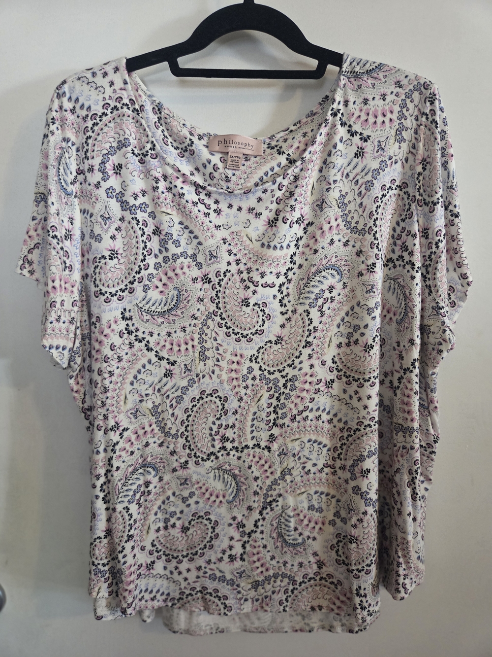 Philosophy Cream Paisley Short Sleeve Scoop Neck Top with Pink & Blue Accents
